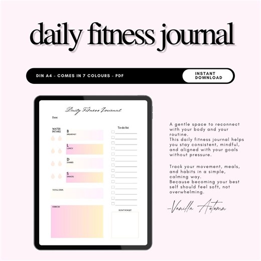 Daily Fitness Journal Printable A4 PDF | Workout Tracker, Wellness Planner, Instant Download, 7 Colors - Etsy