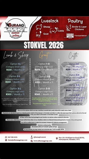 Stokvel 2026 Buraaq Livestock and Poultry Farm Below are options which one may contribute towards their yearly Stokvel for Lamb, Goat or Beef. The Options below are for *Lamb* which includes the service of Slaughtering, Slicing, Packaging & Labeling. You will also receive the Head , Legs , Tripe and Organs. - Option *1-L* Pay *R230* per month, and receive a category *"SMALL"* lamb. - Option *2-L* Pay *R250* per month and receive a category *"MEDIUM"* lamb. - Option *3-L* Pay *R300* per month, an