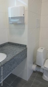 Clean lavatory with modern design of water basin. Toilet indoors in the hospital or hotel. Sterile washroom with a mirror. Vertical video