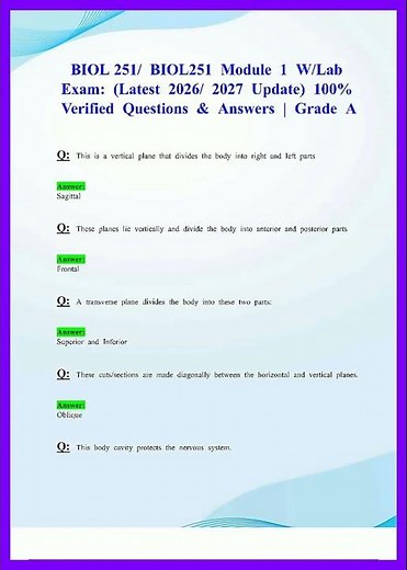 BIOL 251 BIOL251 MODULE 1 W LAB EXAM LATEST 2026 2027 UPDATE 100 VERIFIED QUESTIONS AND ANSWERS GRAD