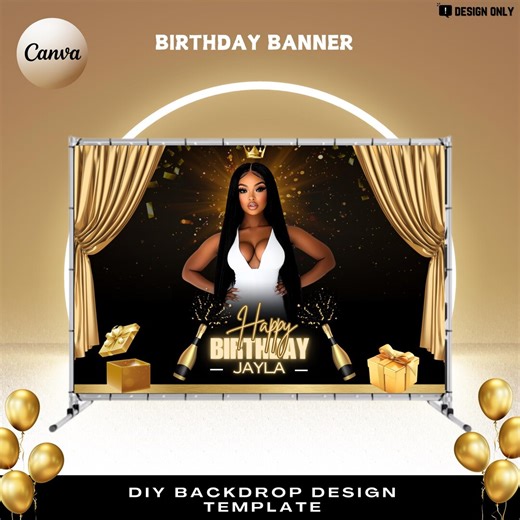 DIY Birthday Girl Backdrop Template Template, Retractable Banner Design, Editable on Canva, Large Banner, Gold, Premade Glam Backdrop - Etsy