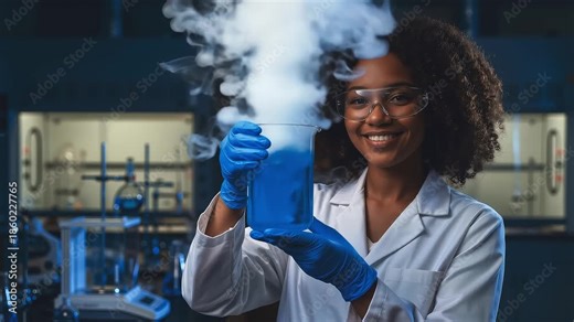laboratory assistant holds flask with new substance and starts reaction with release of smoke, experiments in university laboratory with new elements, concept of scientific development