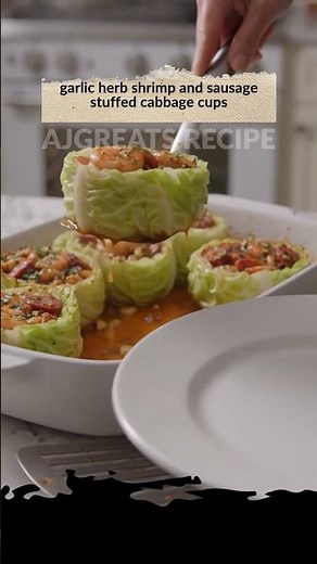 garlic herb shrimp and sausage stuffed cabbage cups