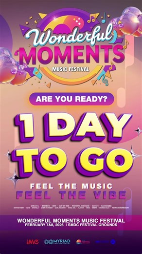 1 DAY TO GO! We’re officially on the edge of something epic. In just ONE DAY, the Wonderful Moments Music Festival takes over with nonstop music, electrifying performances, and unforgettable festival energy. 🎶✨ This is your sign to lock in your plans, rally your festi-friends, and get ready to feel every beat, every moment, every vibe. Tomorrow, the stage lights up and the memories begin. 💥🎡 The countdown ends here… ARE YOU READY FOR TOMORROW?