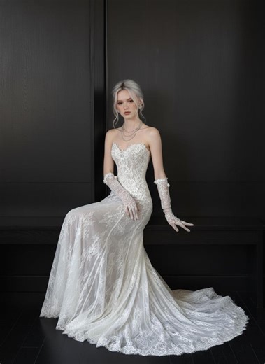 Romantic Strapless Lace Wedding Dress With Opera Gloves, Vintage Inspired Bridal Gown, Slim A-line Wedding Dress, Elegant Boho Bride Gown - Etsy