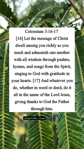 Colossians 3:16-17 [16] Let the message of Christ dwell among you richly as you teach and admonish one another with all wisdom through psalms, hymns, and songs from the Spirit, singing to God with gratitude in your hearts. [17] And whatever you do, whether in word or deed, do it all in the name of the Lord Jesus, giving thanks to God the Father through him. | English Bible - Gospel