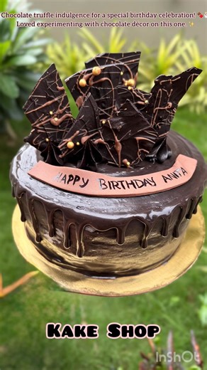 Chocolate truffle cake to celebrate my client’s sister’s birthday!  I was given a free hand with the decoration — decided to play around with chocolate work and truly enjoyed doing this one!  | KAKE SHOP | Facebook