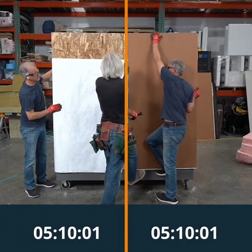 How much time could you save installing LP® FlameBlock® Fire-Rated Sheathing? The guys at Construction Instruction put it to the test by constructing two 1-hour fire resistance–rated walls, comparing LP FlameBlock sheathing and OSB sheathing with a gypsum layer. See the proof. ⬇️ | LP Building Solutions for Professionals