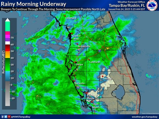 Soggy Morning Across the Area ☔️ 🌧️ Widespread showers this morning with light to moderate rainfall 🌦️ Initial round this morning followed by another round developing late morning into afternoon 📏 Highest totals expected south of I-4; 1-2 inches w/ locally higher amounts | US National Weather Service Tampa Bay Florida