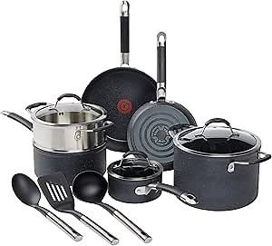 T-fal Stone Force Platinum Non Stick Cookware Set 12 Piece, Oven Broiler Safe 400°F, Kitchen Cooking Set w/Fry Pans, Saucepans, Dutch Oven, Tools, Steamer Insert, Lids, Cookware, Dishwasher Safe Black