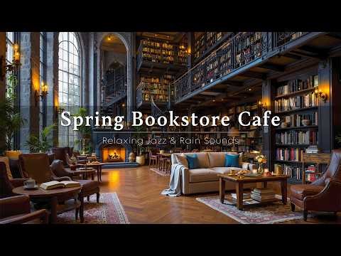 Cozy Bookstore Cafe Ambience on Rainy Spring Day ☕ Smooth Jazz & Warm Fireplace for Reading, Calm