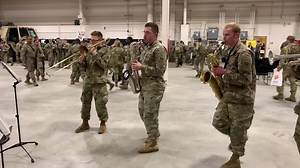 Members of the 9th Army Band’s Brass Band— band leader and percussionist Staff Sgt. Ward, Staff Sgt. Hyson on sousaphone, Staff Sgt. Rodriguez on trumpet, tenor saxophonist Sgt. Fahle, Sgt. Visser on baritone saxophone and trombone player Specialist Kraft perform Pink Yesterday by Too Many Zooz for the welcome home of the 574th Composite Supply Company, 17th CSSB on Saturday. | Fort Wainwright