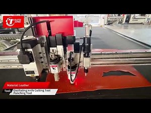Leather cutting machine with oscillating knife tool and punching tool