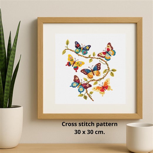 Colorful Butterfly Cross Stitch Pattern, Vintage Floral Branch Design, Nature Embroidery Art, Printable PDF - Etsy