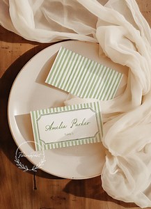 Elegant Green Striped Place Cards Template, Printable Place Cards, Watercolor Name Cards, Garden Wedding, Table Setting, Classic Wedding 021 - Etsy