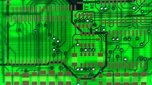A single bare circuit board rotates on end from left to right with white back light revealing inner trace layers and component pads. Light shines through holes and vias