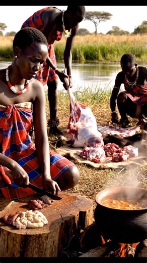 Riverbank Open-Fire Cooking: From Fresh Meat to a Tribal Feast🔥🍖 #tribalcooking #tribalfood #shorts