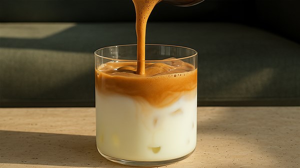 Pouring Thick and Fluffy Coffee Foam over Iced Milk