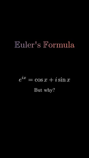 Math Animations on Instagram: "➡️ Euler’s formula creates an impressive connection between the exponential function and the trigonometric functions and is a cornerstone of complex analysis. The derivation of this formula is based on the consideration of the power series expansions of the functions involved. First, we consider the exponential function, which can be expressed using the power series expansion. Adding the imaginary unit results in a sum of terms that can be divided into real and ima