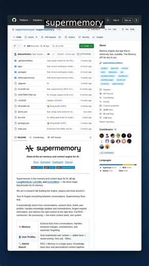 18.9K+ Stars • Memory Engine | supermemory — The Memory API for the AI Era #shorts