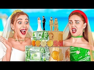 RICH VS BRIDE || EATING A GOLDEN PIZZA WORTH 10000$! EXPENSIVE VS CHEAP FOOD on 123 GO! FOOD