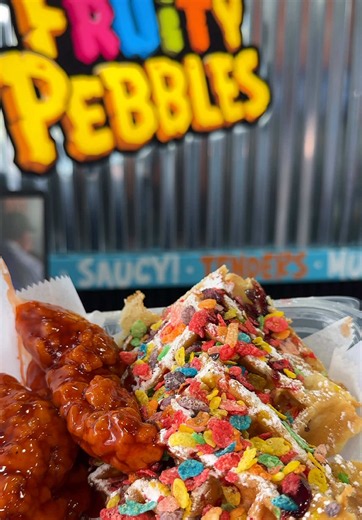THESE WAFFLES SHOULD NOT TASTE THIS GOOD 😭🔥 Our Fruity Pebbles waffles with the saucy chicken tenders is one of those combos you gotta try at least once… and then you end up craving it every week 👀 Sweet. Crunchy. Crispy. Saucy. The perfect mix of breakfast and comfort food all in one plate 😮‍💨 Fresh Fruity Pebbles waffles topped with crispy halal chicken tenders tossed in your favorite sauce 🤯🔥 If you know… YOU KNOW 👀 Who are you sharing this with? 🍗