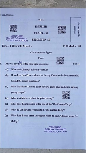 Class 11 Second Semester English 2026 #class 11 2nd semester english question paper 2026