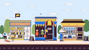 Small Stores Attracting Customers, Linear Animation, Explore the charm of small businesses attracting customers with this linear animation. From bakeries to fashion shops