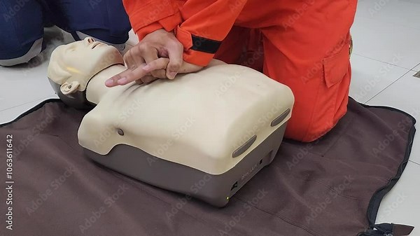 CPR practicing on the human manikin or dummy model. Medical and emergency rescue training in action, 4k footage.