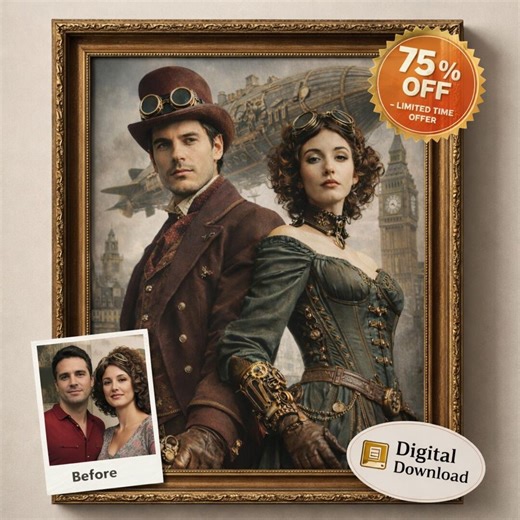 Custom Steampunk Airship Couple Portrait, Personalized Victorian Aviator Wall Art, Adventurous Painterly Style Digital Download Gift