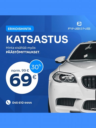 Säästä 30% normaalihinnasta. Katsastus nyt 69 euroa. Hinta sisältää päästömittaukset. #katsastus #autohuolto #erikoishinta #autokuntoon #katsastuspalvelu