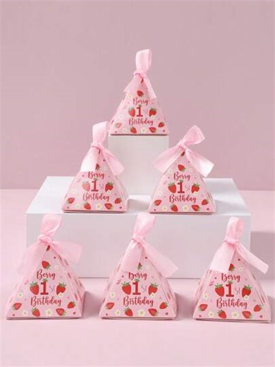 12pcs Strawberry Daisy Pattern Triangle Mini Gift Boxes With Ribbons, 1st Birthday Party Favor Boxes, Girls Birthday Chocolate Candy Boxes, Baby Shower Party Dessert Boxes, Gender Reveal Party Baking Gift Packaging, Newborn Celebration Party Tabletop Decor, 1st Birthday Party Supplies, Birthday Gifts, 1st Birthday Decorations, Baby Shower Decorations, Gender Reveal Decorations, 1st Birthday Party Decorations, Party Favors | SHEIN