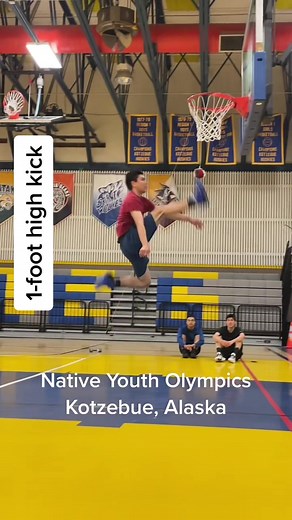 1-foot high kick. Native Youth Olympics. Winning kick was 96”. #kotzebue #alaska #inuit #nativeyoutholympics #onefoothighkick #indigenous