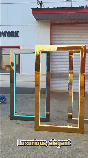 Gold mirror arch backdrop with rgb neon #weddingdecoration #goldarch #weddingarch