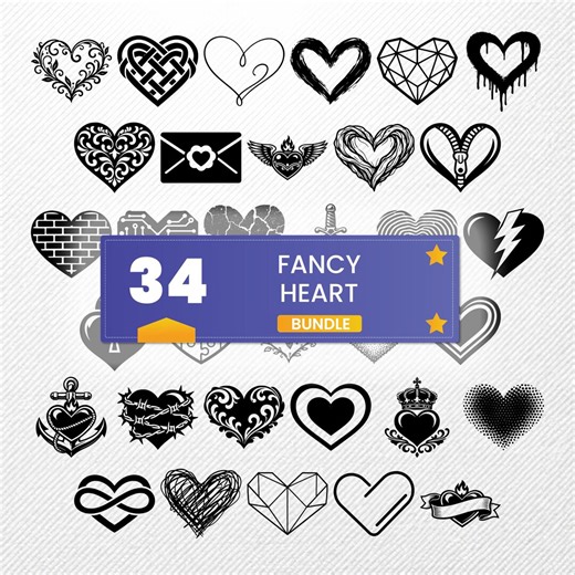 Fancy Heart SVG Clipart Bundle | 34 Silhouette Vector Illustrations | PNG PDF Eps Dxf | Print Graphics - Etsy