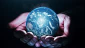 Hands man holding world globe. Earth planet day concept animation	4k