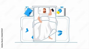 Cartoon Man Sleeping Peacefully in His Bed, Tucked Under the Covers 2D Illustration