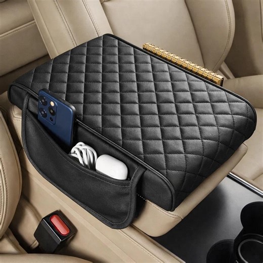 Leather Center Console Cover for SUV Sedan | Arm Rest Pad With Storage Bag | Car Middle Console Protector | Thick Black Leather - Etsy