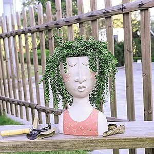 HUNTHAWK Face Flower Pot, Unique Head Planters with Drainage Hole, Female Head Design Pots for Indoor Outdoor Plant, Close Eye Resin Face Planter for Modern Decorative