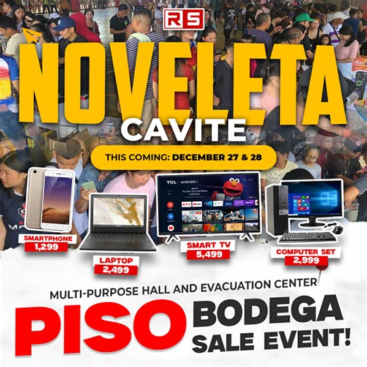 🚨 NOVELETA CAVITE!! 2 DAYS PISO SALE EVENT! WALANG CASH? OK LANG — MAY HULUGAN TAYO! 💥 📍 LOCATION: Multi-Purpose Hall and Evacuation Center 🕙 DATE: December 27 & 28 - 4PM to 8PM (Saturday - Sunday) 🔥 BODEGA SALE PRICES: 📱 Smartphone – ₱1,299 💻 Laptop – ₱2,499 🖥 Computer Set – ₱2,999 📺 Smart TV – ₱2,699 🔊 Bluetooth Speaker – ₱199 💳 Pwede UTANG • Pwede INSTALLMENT LOW DOWNPAYMENT • FAST APPROVAL • DALHIN MO LANG ID MO! Kahit tight ang budget — may unit ka na agad! 🎉 WALANG KUPAS — PANG