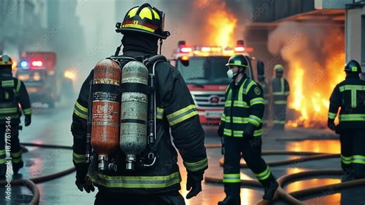 Footage of firefighters at work, battling flames, and performing fire rescue operations. Shows fire safety, emergency response, and professional firefighting in action. Ideal for safety, rescue, and