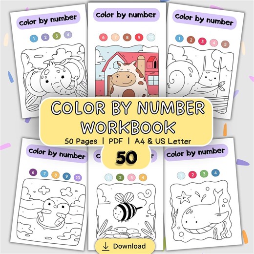 Color by Number for Kids | 50 Pages Printable PDF | Coloring by Number Worksheets | Preschool Activity - Etsy