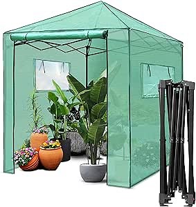 PexFix 6'x 5' Portable Walk-in Greenhouse, Easy Setup, Indoor/Outdoor, 2 Roll-Up Mesh Windows, Roll-Up Zipper Door, Green