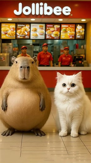 🍔😹 Capybara & Cat DANCE at Jollibee Until TUMMY EXPLODES! 😱😂 #shorts #capybara #cutecat #catvideos