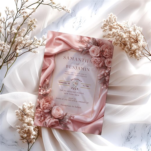 Pink Wedding Invitation Templates, Editable Elegant Floral Wedding Invite, Canva Digital Download - Etsy