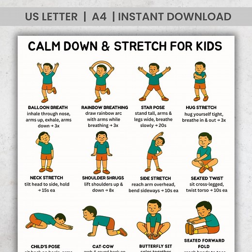 Calm Down & Stretch for Kids Printable – 16 Mindful Breathing Stretch Exercises | Kids Stretch Chart A4 US Letter PDF Poster - Etsy