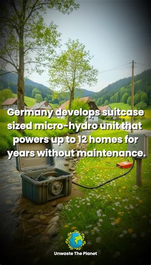 Unwastetheplanet on Instagram: "In Germany, engineers have developed a suitcase-sized micro-hydro unit that draws energy from the gentle flow of small streams to generate clean electricity. Compact yet powerful, each unit can provide enough energy to support around a dozen homes. Designed to run quietly and efficiently, these turbines operate for years with little to no maintenance. Unlike large dams, they sit directly in the stream without disrupting fish or the natural ecosystem, converting wa