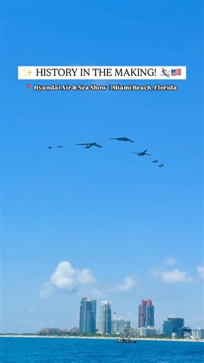 Florida Travel Guide on Instagram: "History was made over the skies of Miami Beach, Florida this weekend 🙌✈️🇺🇸 Seven of the top military aircraft called the “Freedom Flyover” united as “one unstoppable force” for this first-ever formation at the Hyundai Air and Sea Show in Miami Beach, Florida. The historic formation was led by the legendary B-2 Spirit stealth bomber, and followed by B-1B Lancer, B-52H Stratofortress, F-22 Raptor, F-15C Eagle, F-16C Fighting Falcon, and A-10 Thunderbolt II. T