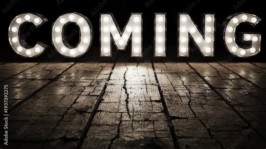 Dynamic Vintage Marquee 'COMING' Sign Reveal on Dark Spotlighted Wooden Stage
