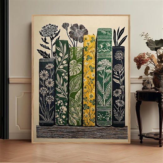 Botanical Book Stack Wall Art, Folk Floral Library Print, Vintage Nature Decor - Etsy